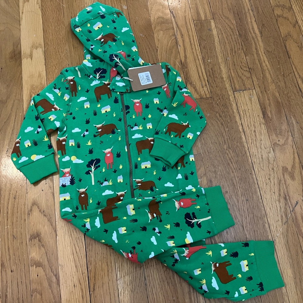 NWT Frugi Green Highland Cow Snuggle Suit 18-24mo